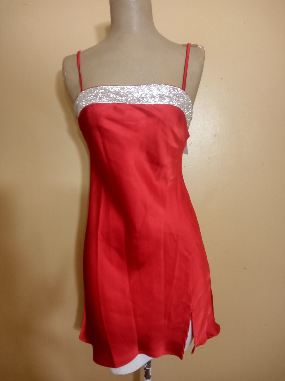 Hello Molly Red Slip Mini Dress with Silver Sequin Band